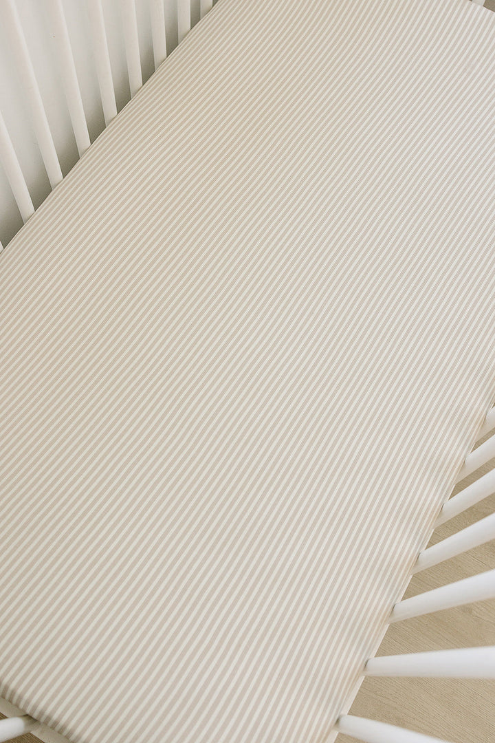 Keep your nursery stylish with the Mebie Baby Taupe Stripe Ribbed Bamboo Stretch Crib Sheet, ideal crib bed sheets.