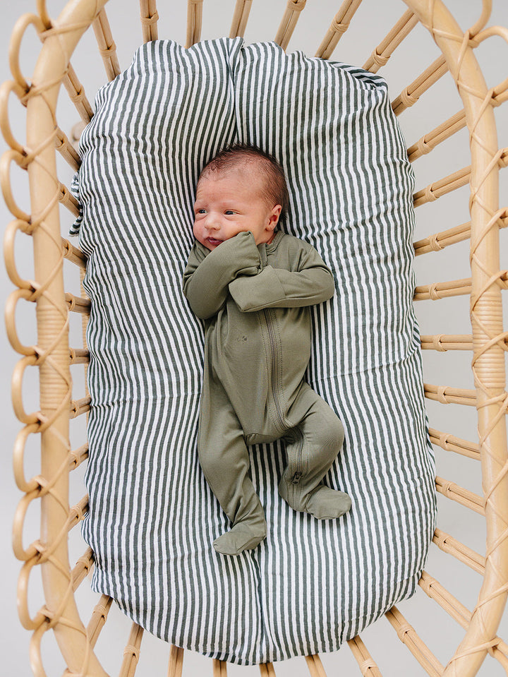 Close up detail shot of the Mebie Baby Olive Bamboo Footed Zipper fabric and stitching