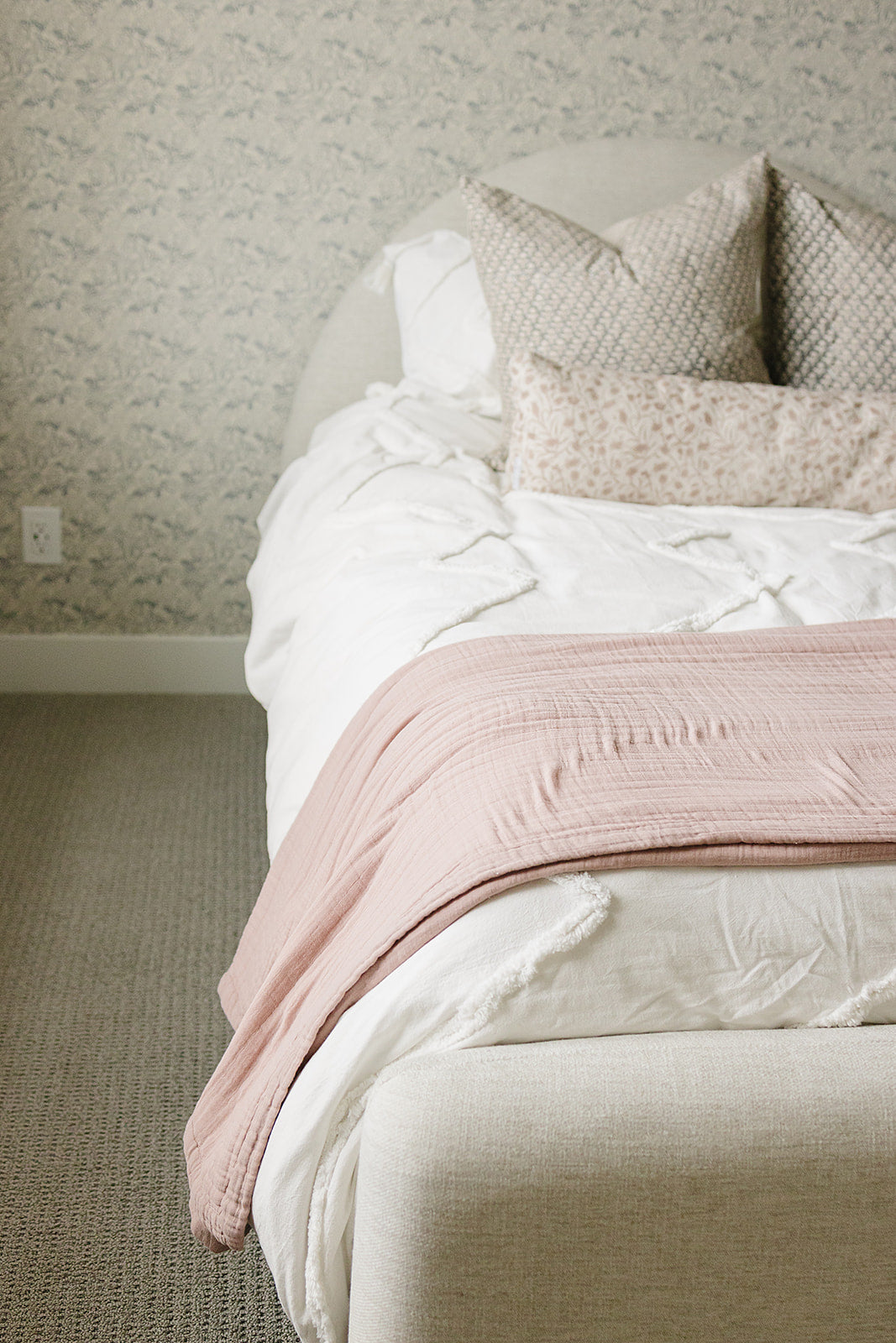 Mebie Baby Meadow Floral + Dusty Rose Twin Muslin Quilt provides gentle comfort as a breathable muslin.