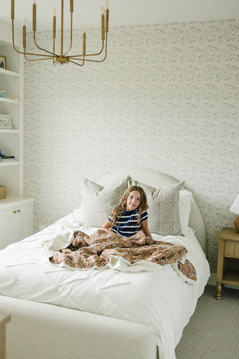 Mebie Baby Magnolia Floral Twin Muslin Quilt makes a charming kids blanket for naps or playtime.