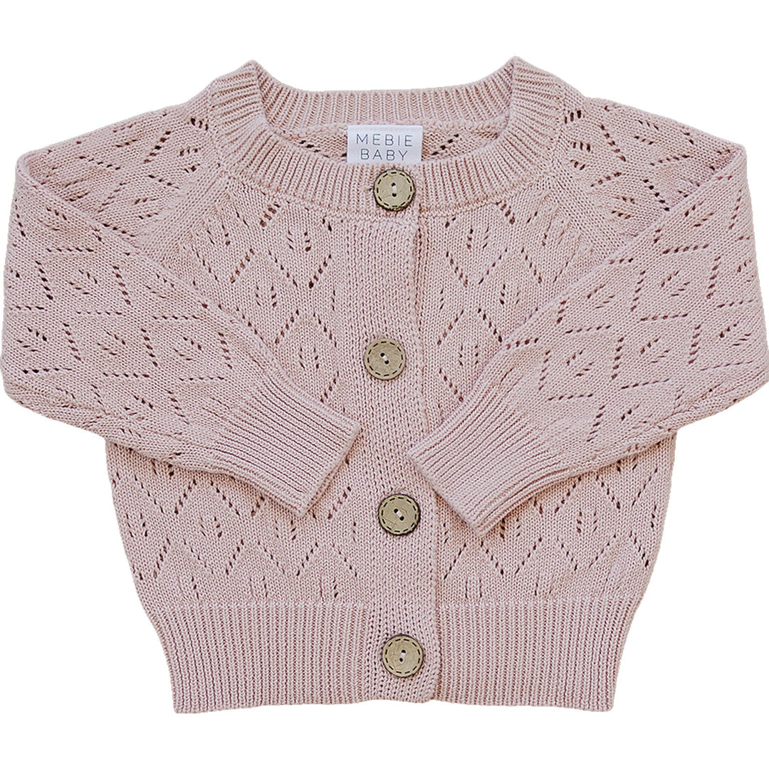 Mebie Baby Pink Pointelle Button Down Cardigan styled for soft layering, a cozy favorite in baby clothes