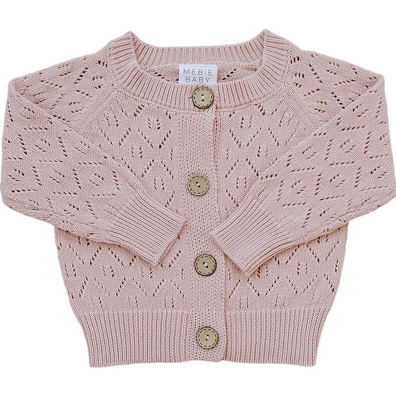 Mebie Baby Pink Pointelle Button Down Cardigan styled for soft layering, a cozy favorite in baby clothes