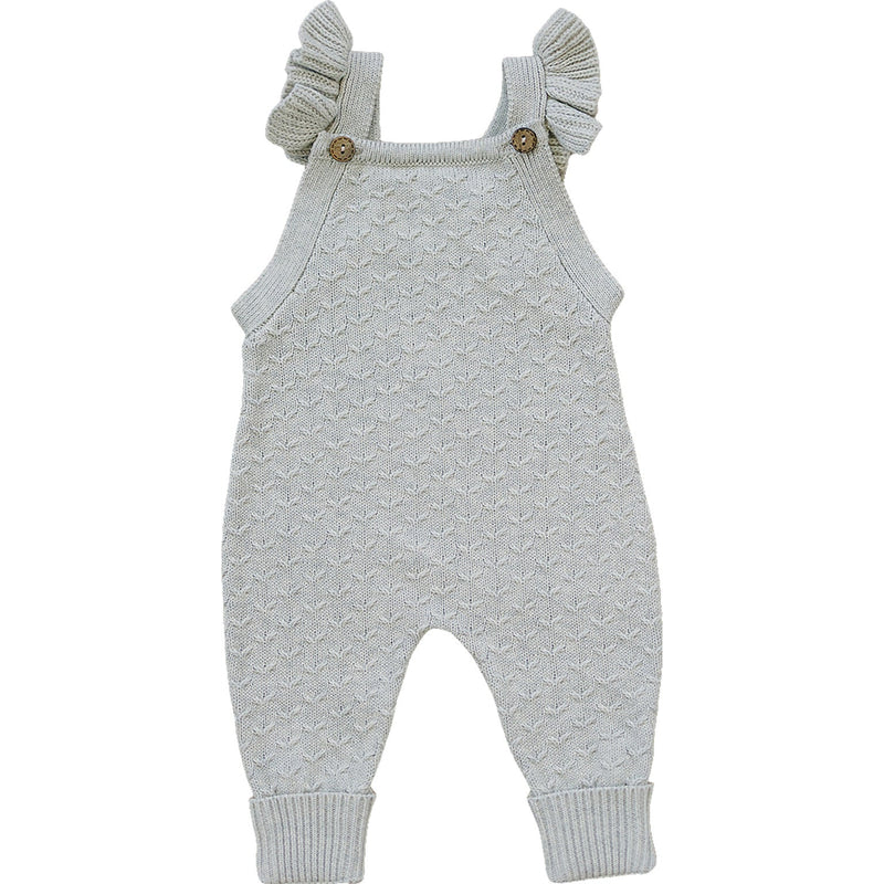 Mebie Baby Grey Ruffle Knit Overalls styled with delicate details, a charming choice in baby clothes