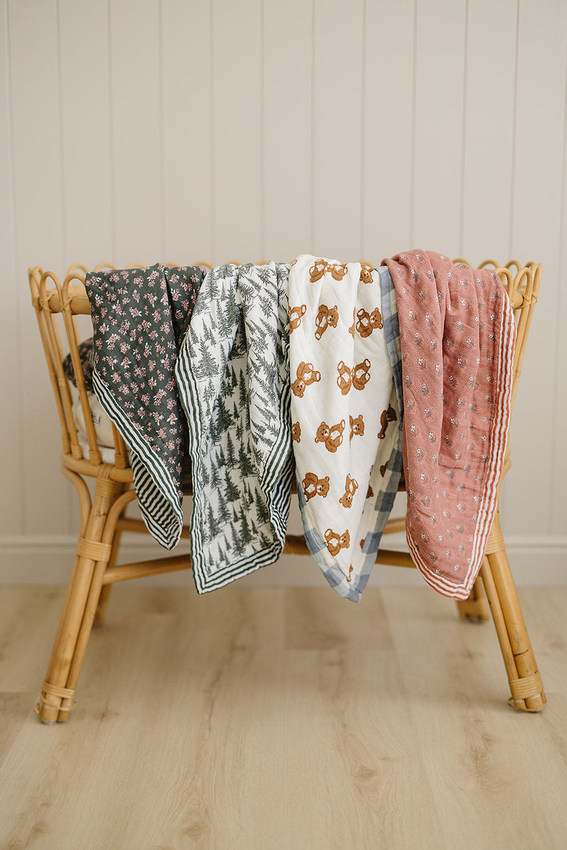 Keep infants cozy with the Mebie Baby Olive Bloom + Green Stripes Muslin Quilt, ideal muslin blankets.
