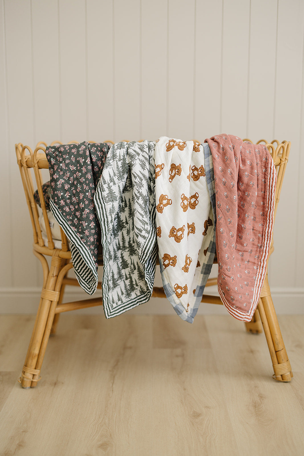 Soft and versatile, the Mebie Baby Forest + Green Stripes Muslin Quilt works as a muslin blanket.