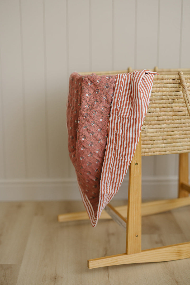 Mebie Baby Vintage Pink Floral + Pink Stripes Muslin Quilt offers gentle comfort as a breathable muslin.