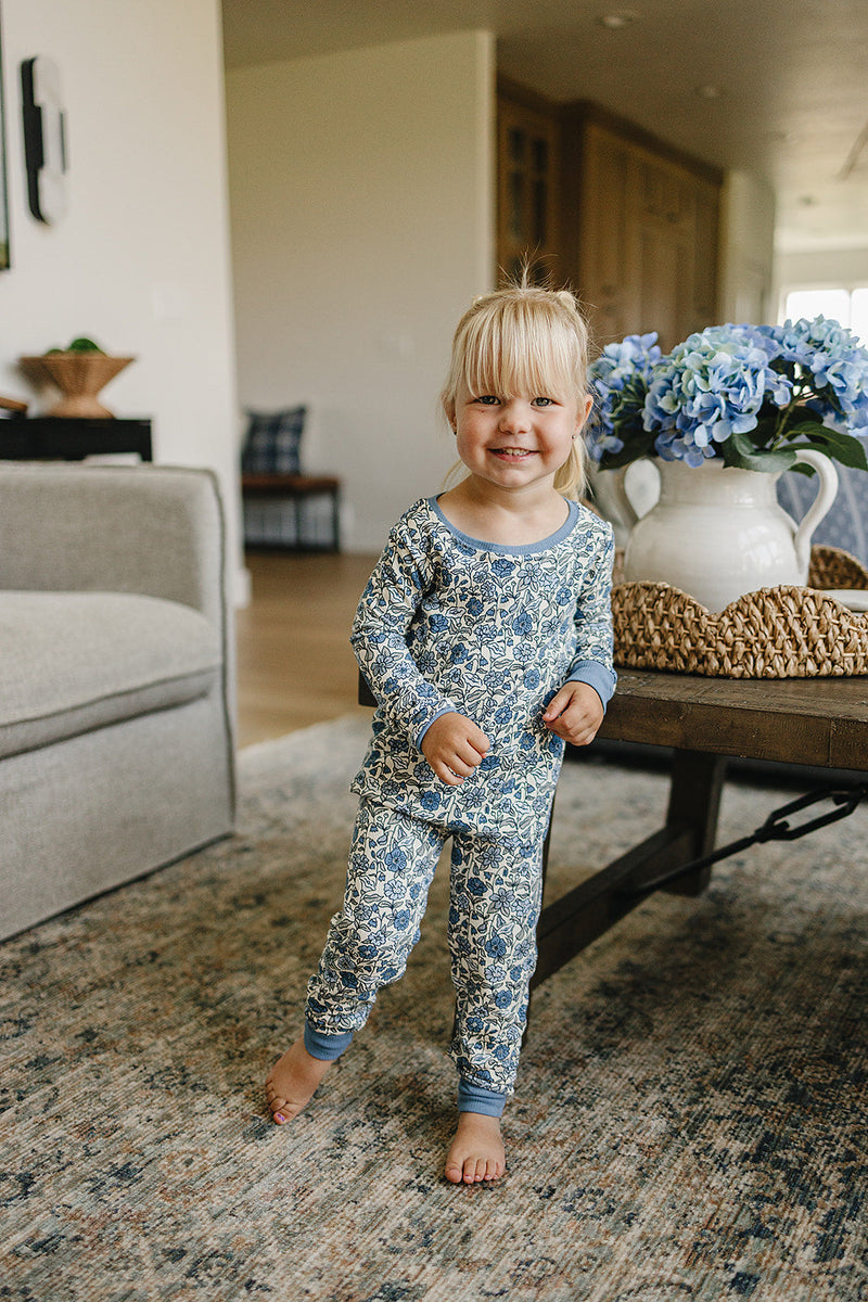 The Mebie Baby Bluebell Pointelle Bamboo Cozy Set features gentle bamboo fabric, perfect for bamboo baby pajamas