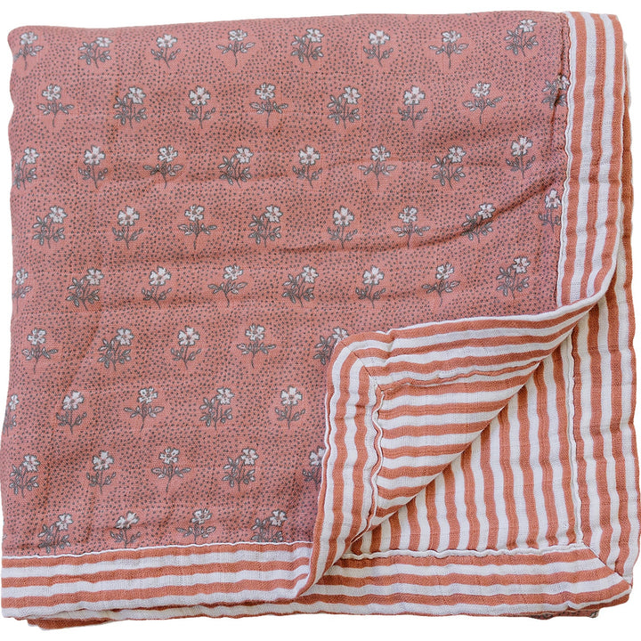 Snuggle your baby in the Mebie Baby Vintage Pink Floral + Pink Stripes Muslin Quilt, a soft baby blanket.