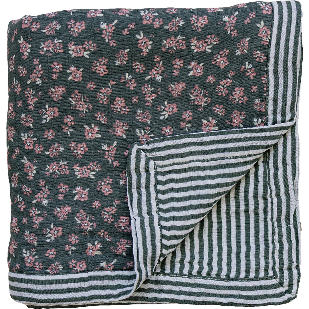 Snuggle your little one with the Mebie Baby Olive Bloom + Green Stripes Muslin Quilt, a soft baby blanket.