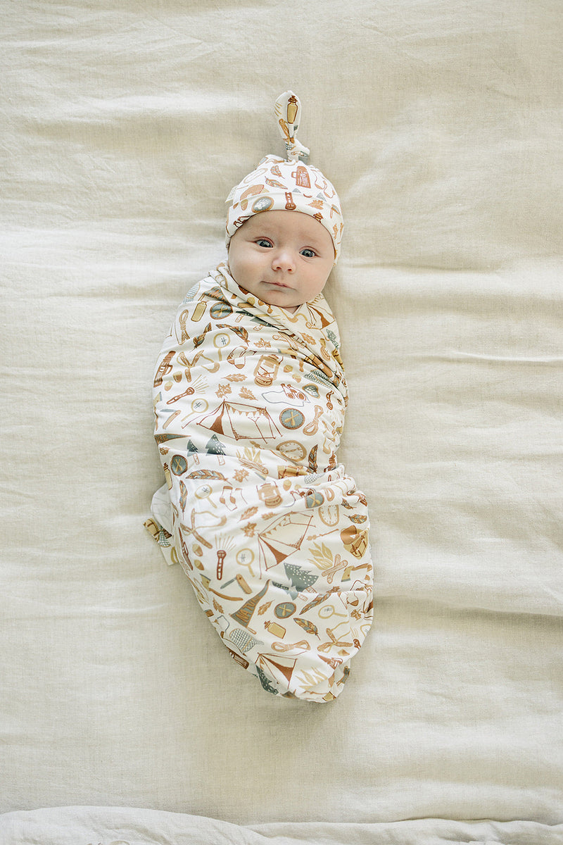 Cuddle your infant in the Mebie Baby Camping Trip Bamboo Stretch Swaddle, a gentle baby swaddle wrap.