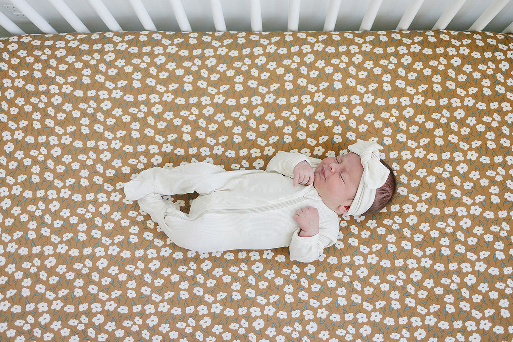 Mustard Floral Bamboo Stretch Crib Sheet by Mebie Baby stylish and soft crib sheet set