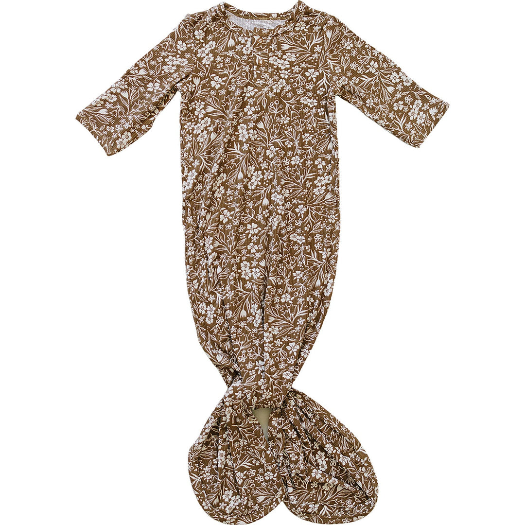 Mebie Baby Brown Floral Ribbed Bamboo Knot Gown designed for cozy nights, a soft bamboo option for newborn baby clothes with a sweet floral look
