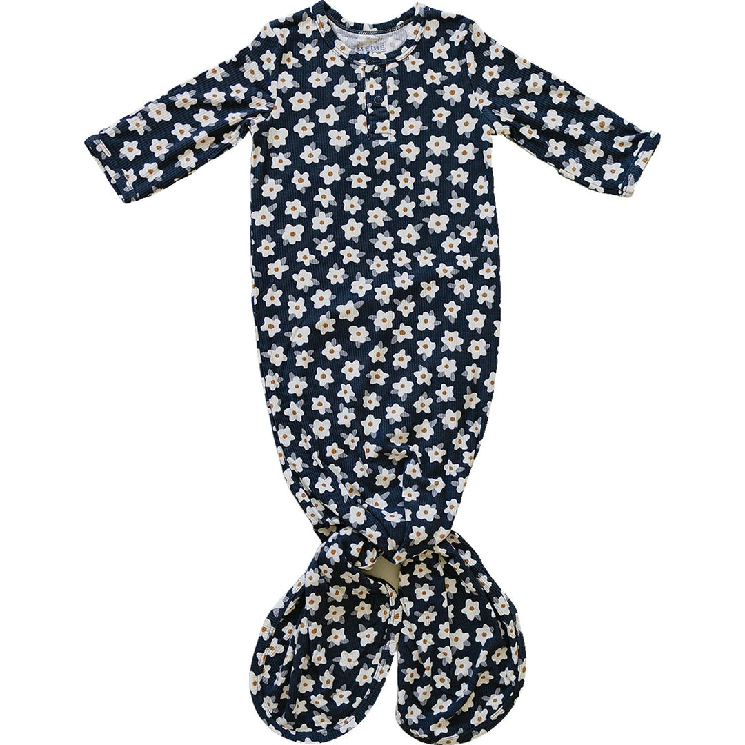 Mebie Baby Baby Navy Daisy Ribbed Bamboo Knot Gown offers gentle comfort and stretch, perfect for cozy baby pajamas
