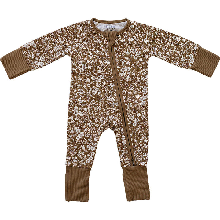 Mebie Baby Brown Floral Ribbed Bamboo Zipper features soft stretch and a vintage floral look, making a cozy baby onesie