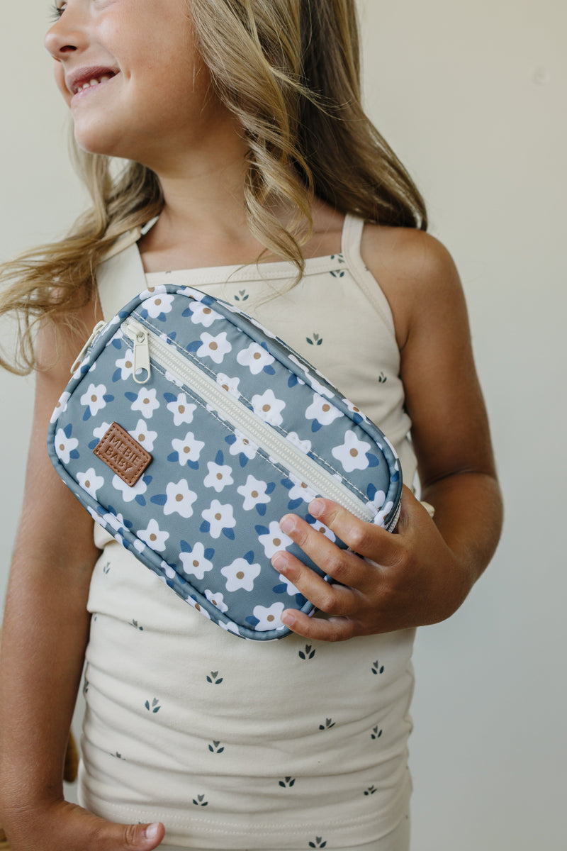 Front view of the Mebie Baby Green Floral Mini Fanny Pack, a charming option among fanny packs designed for little explorers