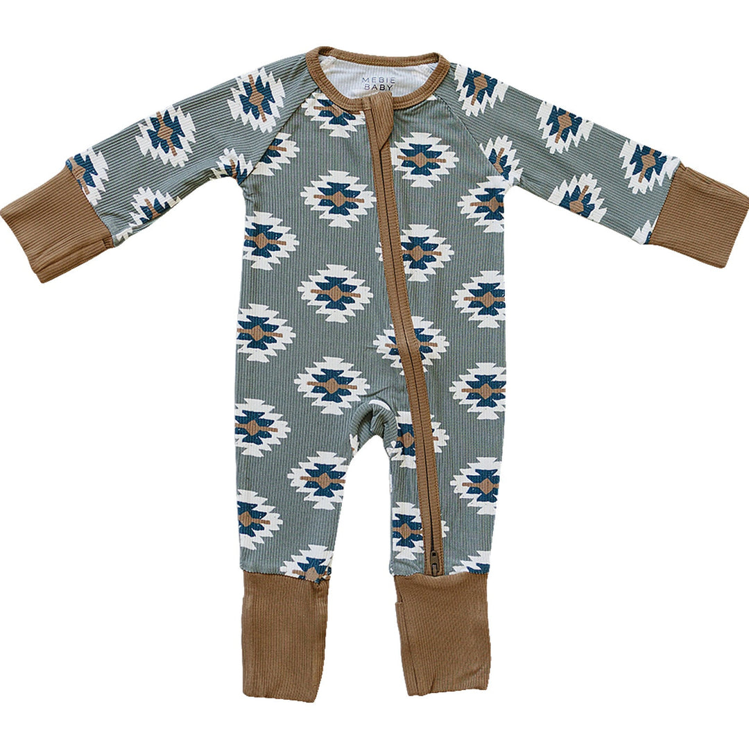 Bold pattern and soft stretch define the Mebie Baby Southwest Aztec Ribbed Bamboo Zipper, a cozy everyday onesie