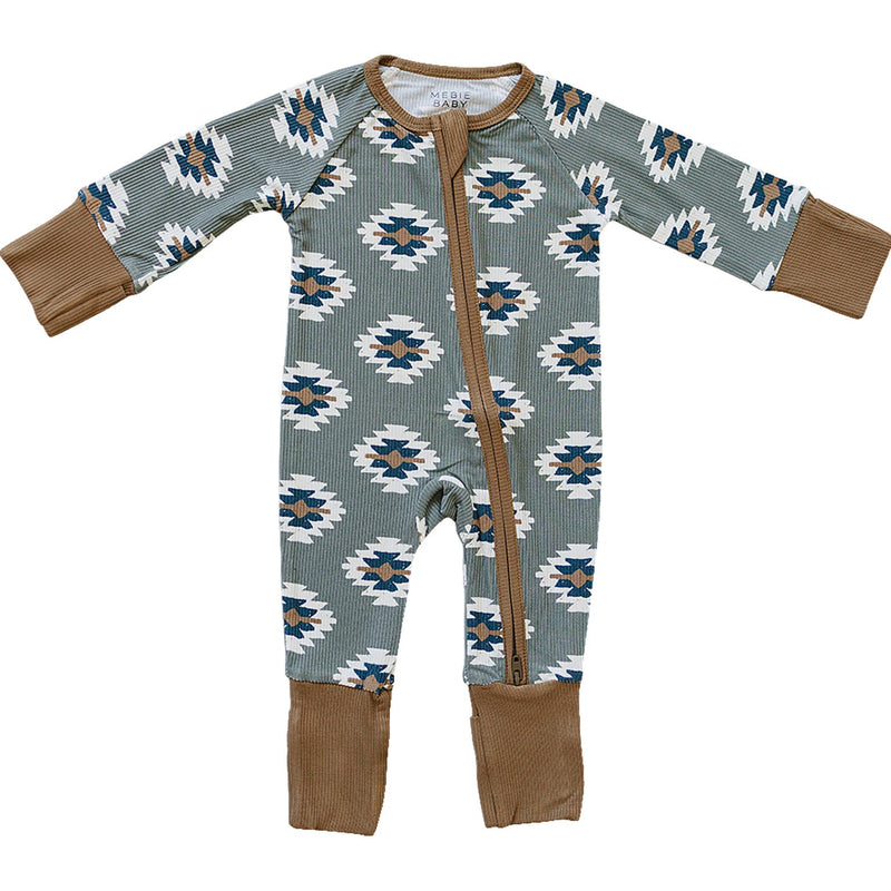 Bold pattern and soft stretch define the Mebie Baby Southwest Aztec Ribbed Bamboo Zipper, a cozy everyday onesie