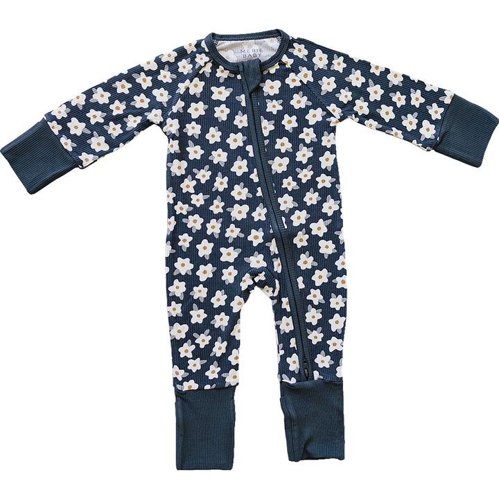 Mebie Baby Navy Daisy Ribbed Bamboo Zipper combines soft stretch and floral charm, making an easy everyday onesie