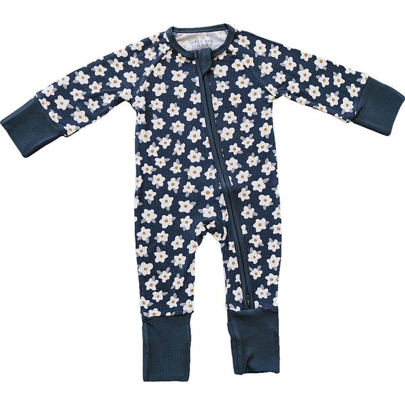 Mebie Baby Navy Daisy Ribbed Bamboo Zipper combines soft stretch and floral charm, making an easy everyday onesie