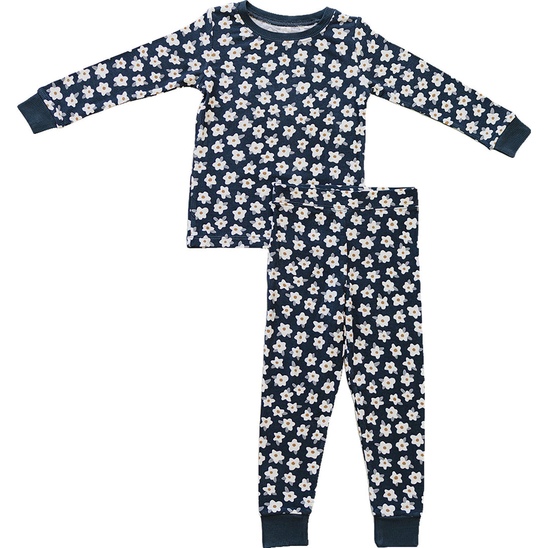 Soft and breathable, the Mebie Baby Navy Daisy Ribbed Bamboo Cozy Set makes a perfect choice for baby pajamas