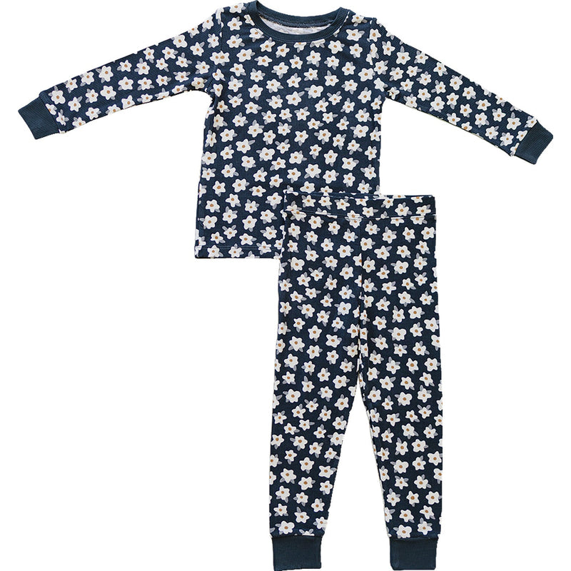 Soft and breathable, the Mebie Baby Navy Daisy Ribbed Bamboo Cozy Set makes a perfect choice for baby pajamas