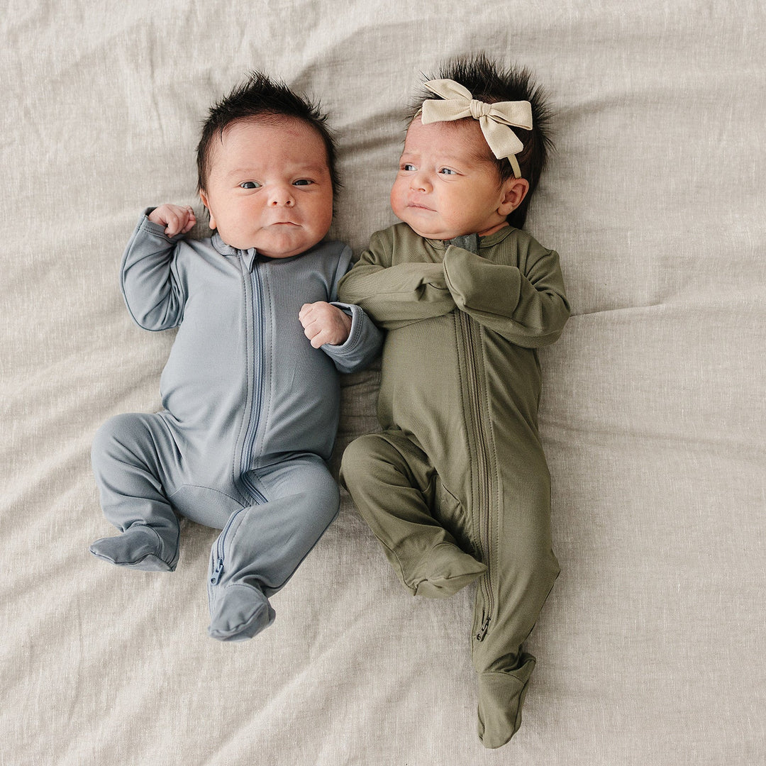 Olive Bamboo Footed Zipper shown from a different angle to highlight this footed baby pajama