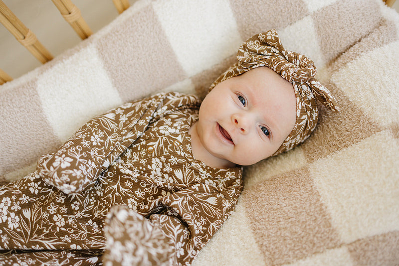 The Mebie Baby Brown Floral Ribbed Bamboo Knot Gown offers stretchy comfort and functions like easy baby pajamas for everyday newborn wear