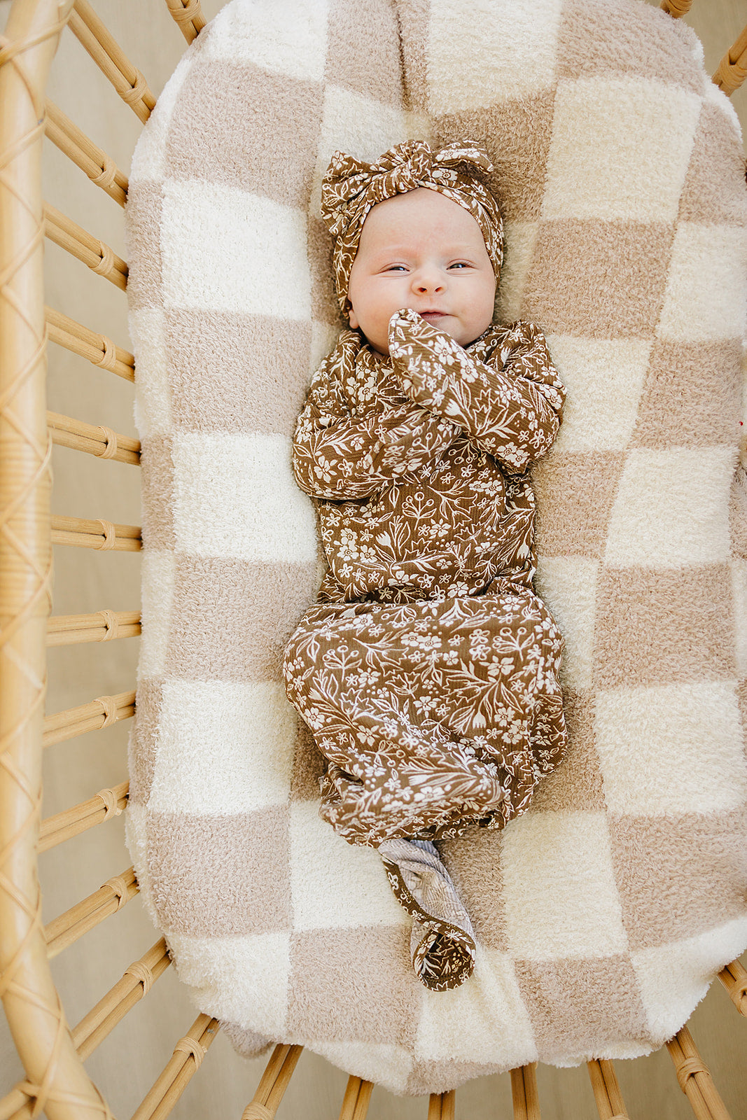 Soft and breathable, the Mebie Baby Brown Floral Ribbed Bamboo Knot Gown works beautifully as baby bamboo pajamas for gentle, all-night comfort