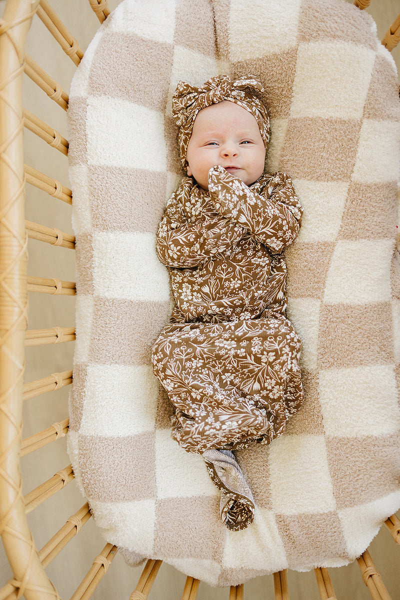 Soft and breathable, the Mebie Baby Brown Floral Ribbed Bamboo Knot Gown works beautifully as baby bamboo pajamas for gentle, all-night comfort