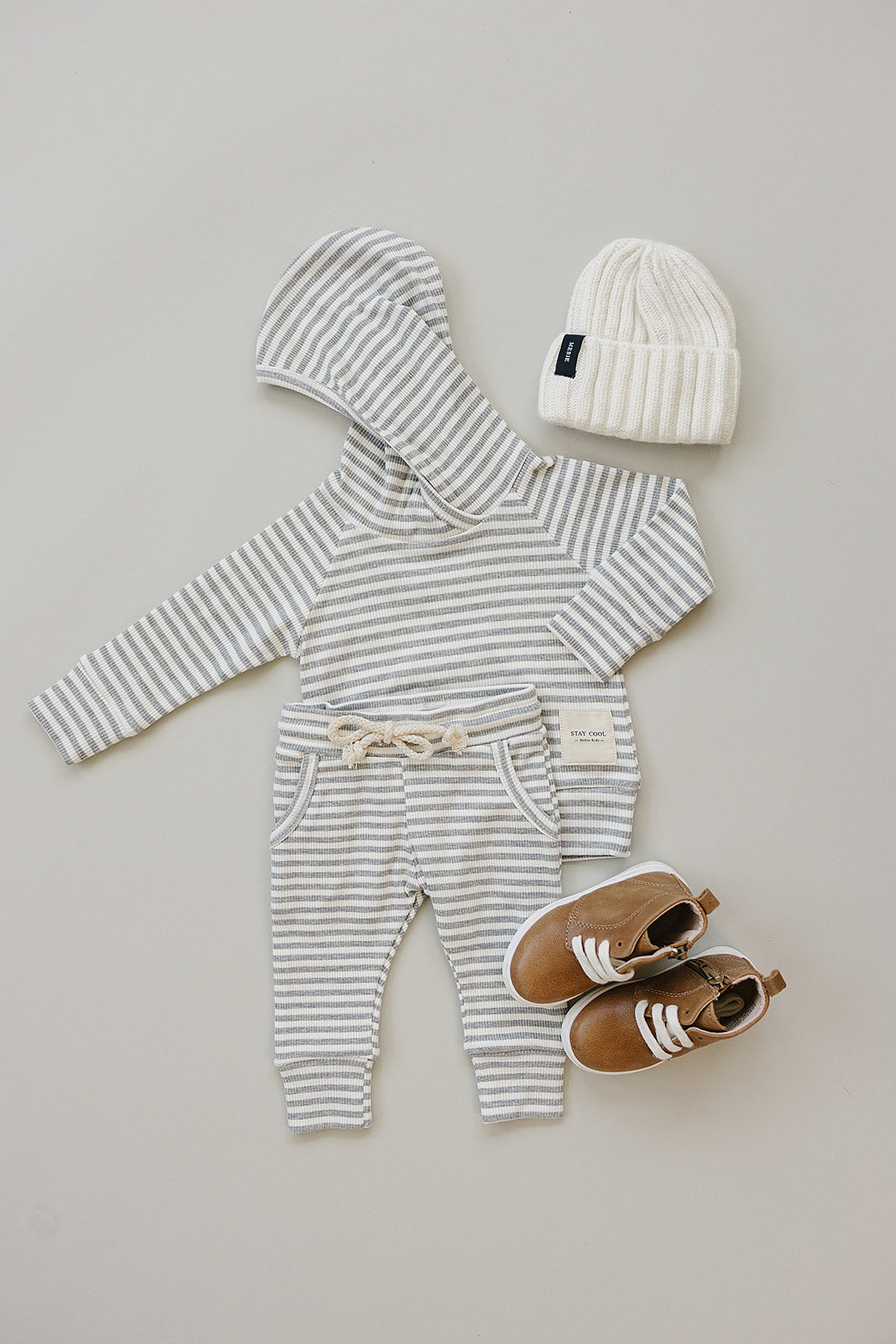 Mebie Baby Grey Striped Hooded Set photographed for everyday comfort, a staple in best baby clothes wardrobes