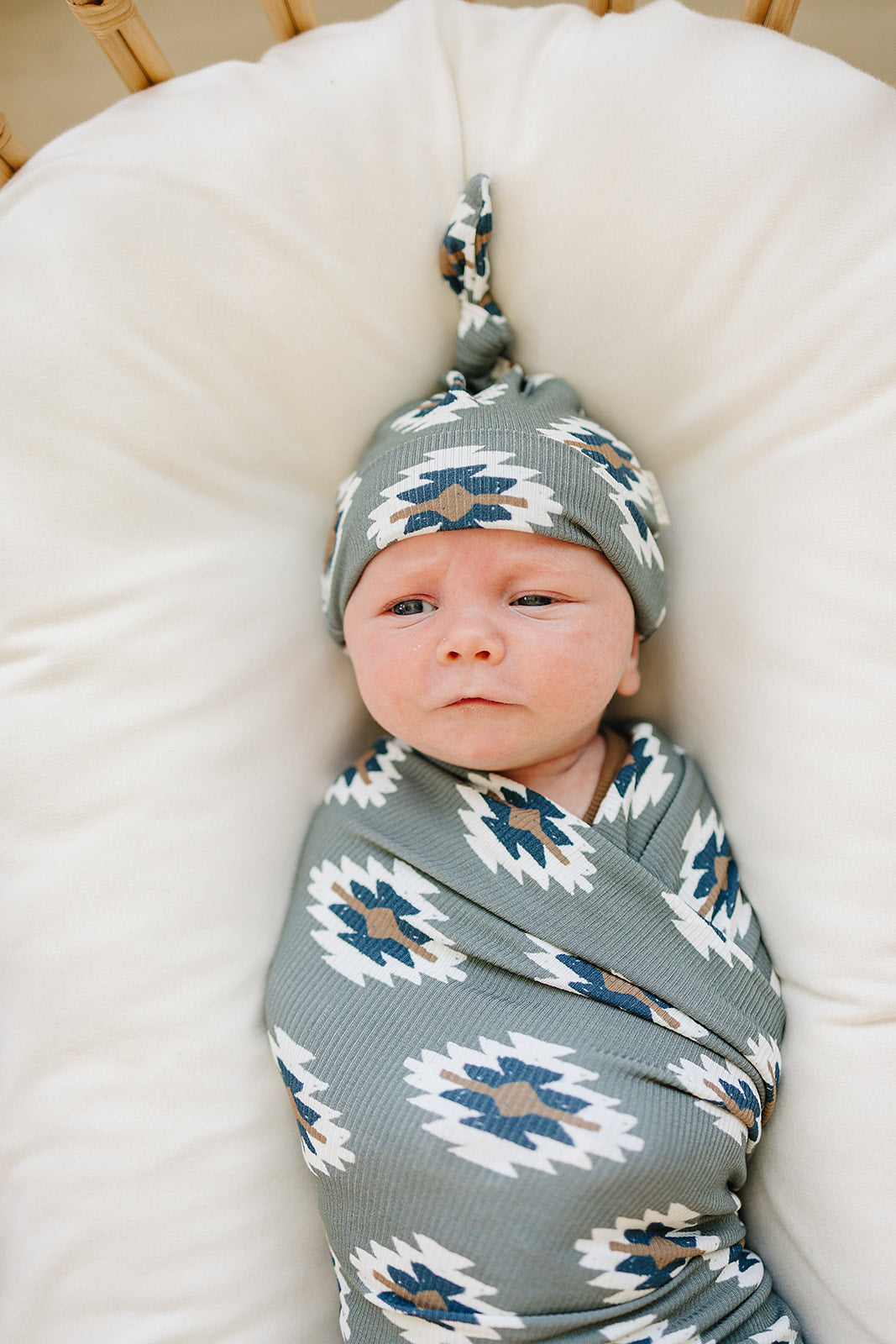 Soft and stretchy, the Mebie Baby Southwest Aztec Ribbed Bamboo Stretch Swaddle works as one of the best swaddles for babies.