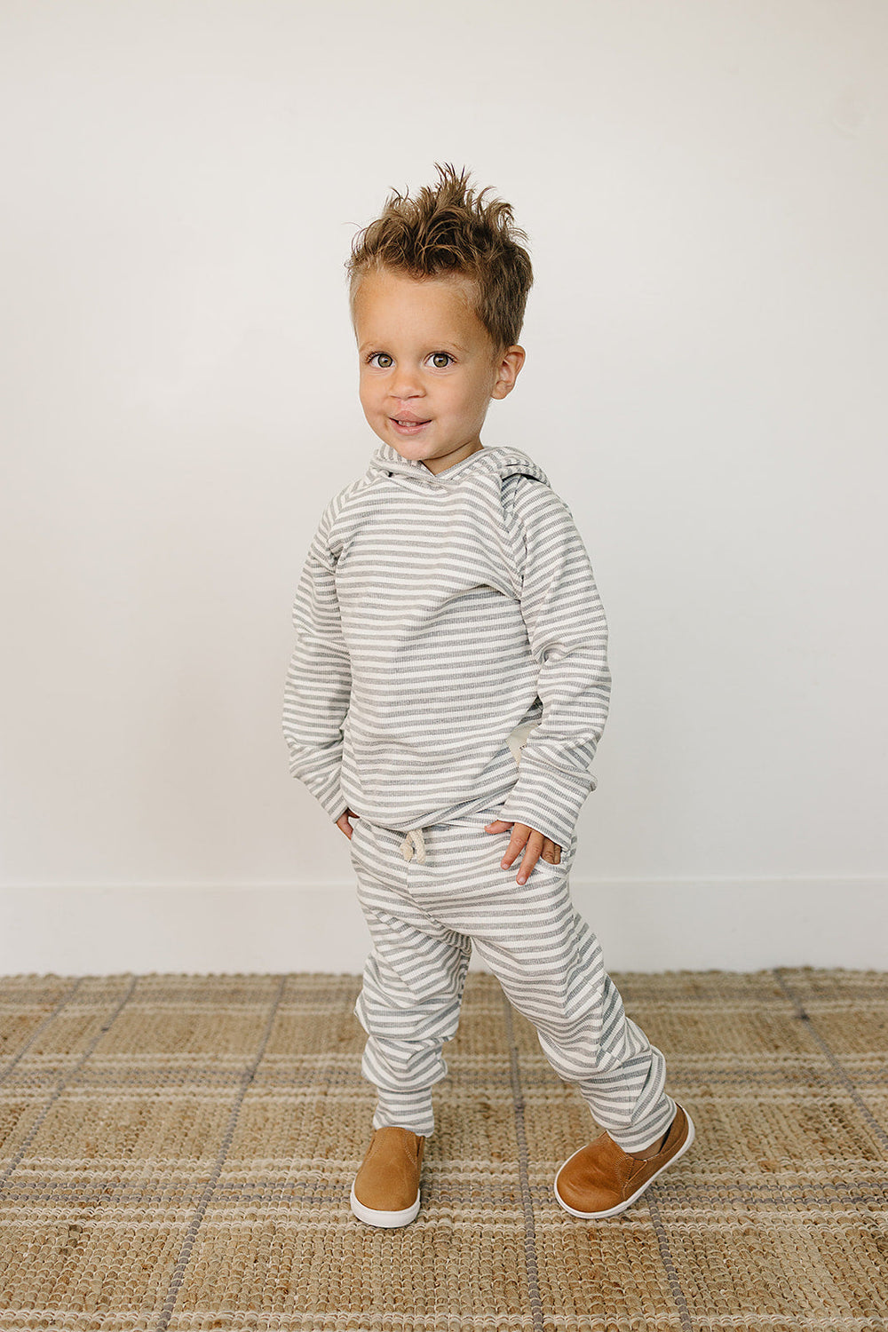 The Mebie Baby Grey Striped Hooded Set features a comfy hood, perfect for newborn baby clothes