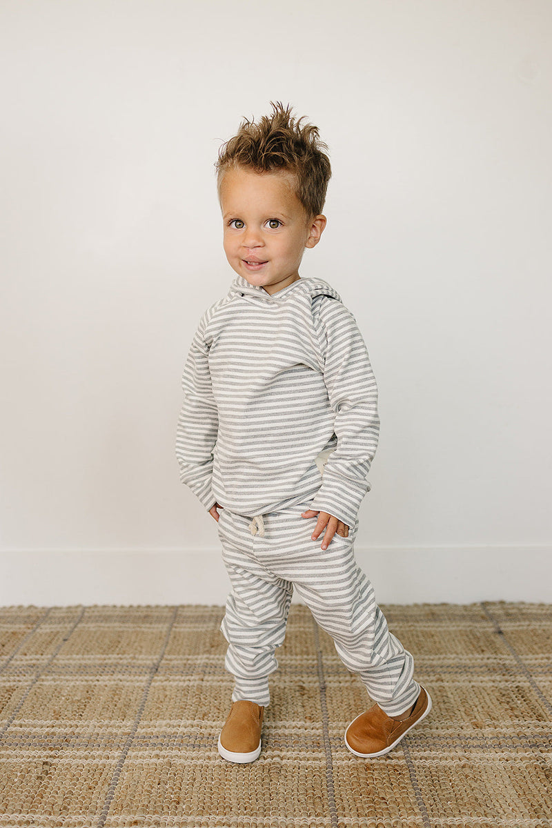 The Mebie Baby Grey Striped Hooded Set features a comfy hood, perfect for newborn baby clothes