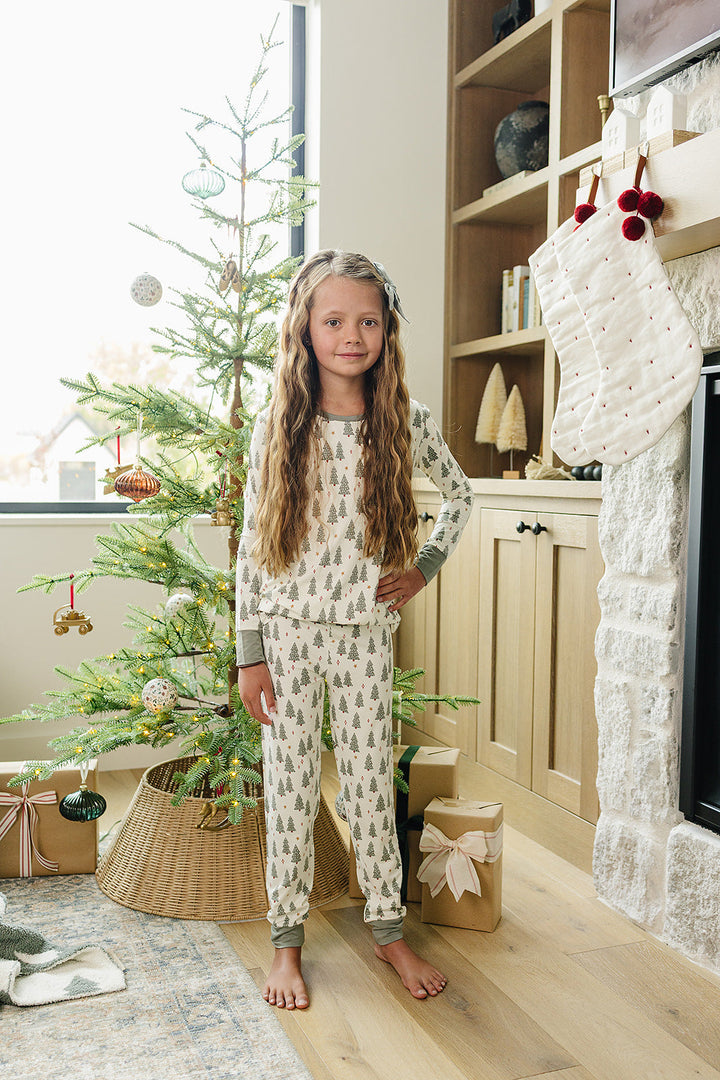 Little ones stay warm in the Mebie Baby Christmas Trees Bamboo Cozy Set, ideal for bamboo baby pajamas