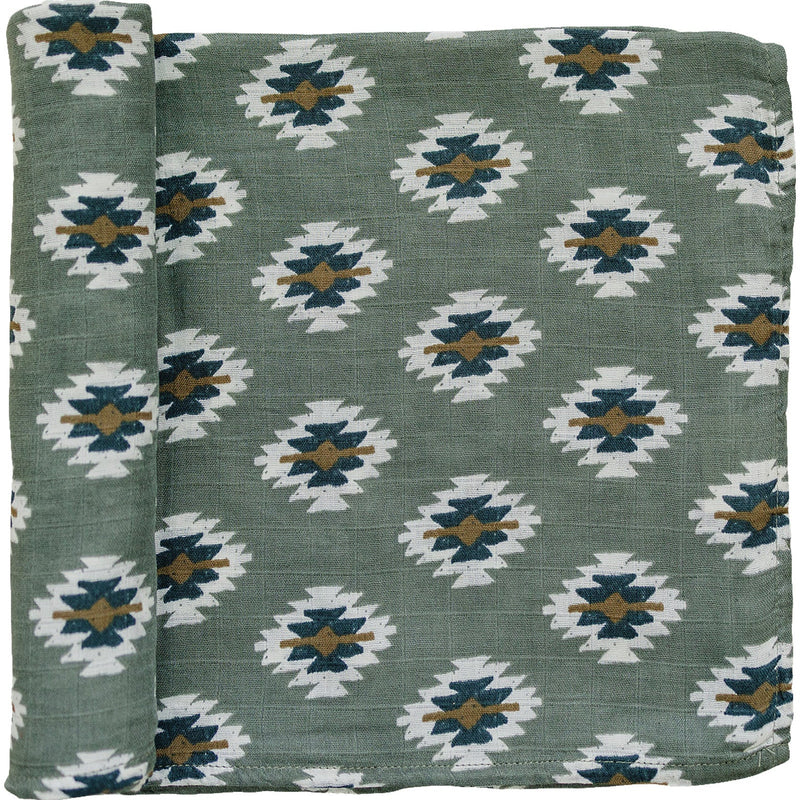 Soft and breathable, the Mebie Baby Southwest Aztec Muslin Swaddle Blanket wraps babies in cozy comfort.