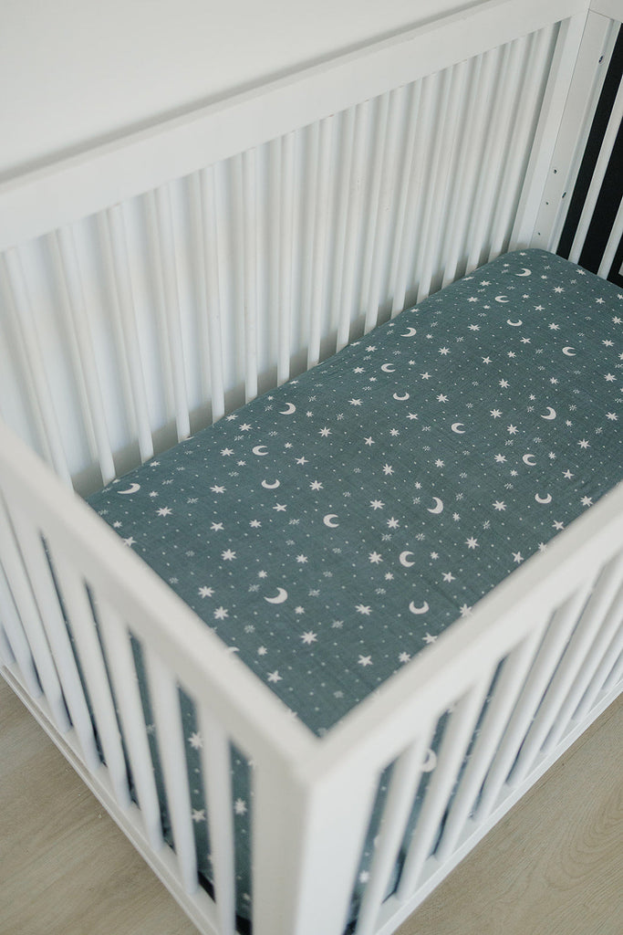 Night Sky Muslin Crib Sheet by Mebie Baby in dark blue, organic crib sheets for babies