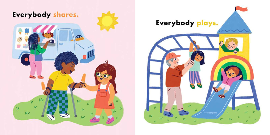 Simon & Schuster We're All in This Together board book page with children playing on a slide