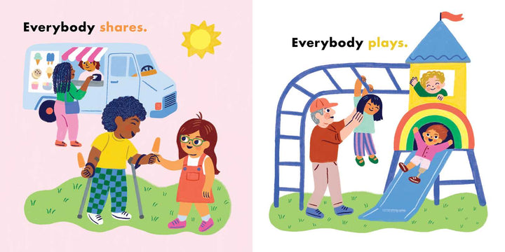 Simon & Schuster We're All in This Together board book page with children playing on a slide