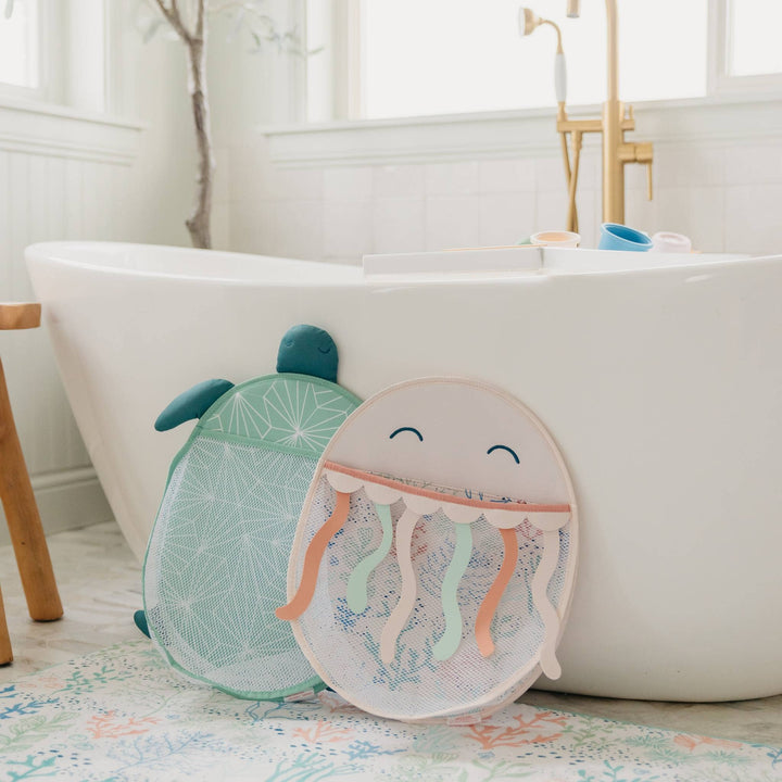 Copper Pearl jellyfish bath toy organizer near tub, baby bath storage solution for toys and accessories