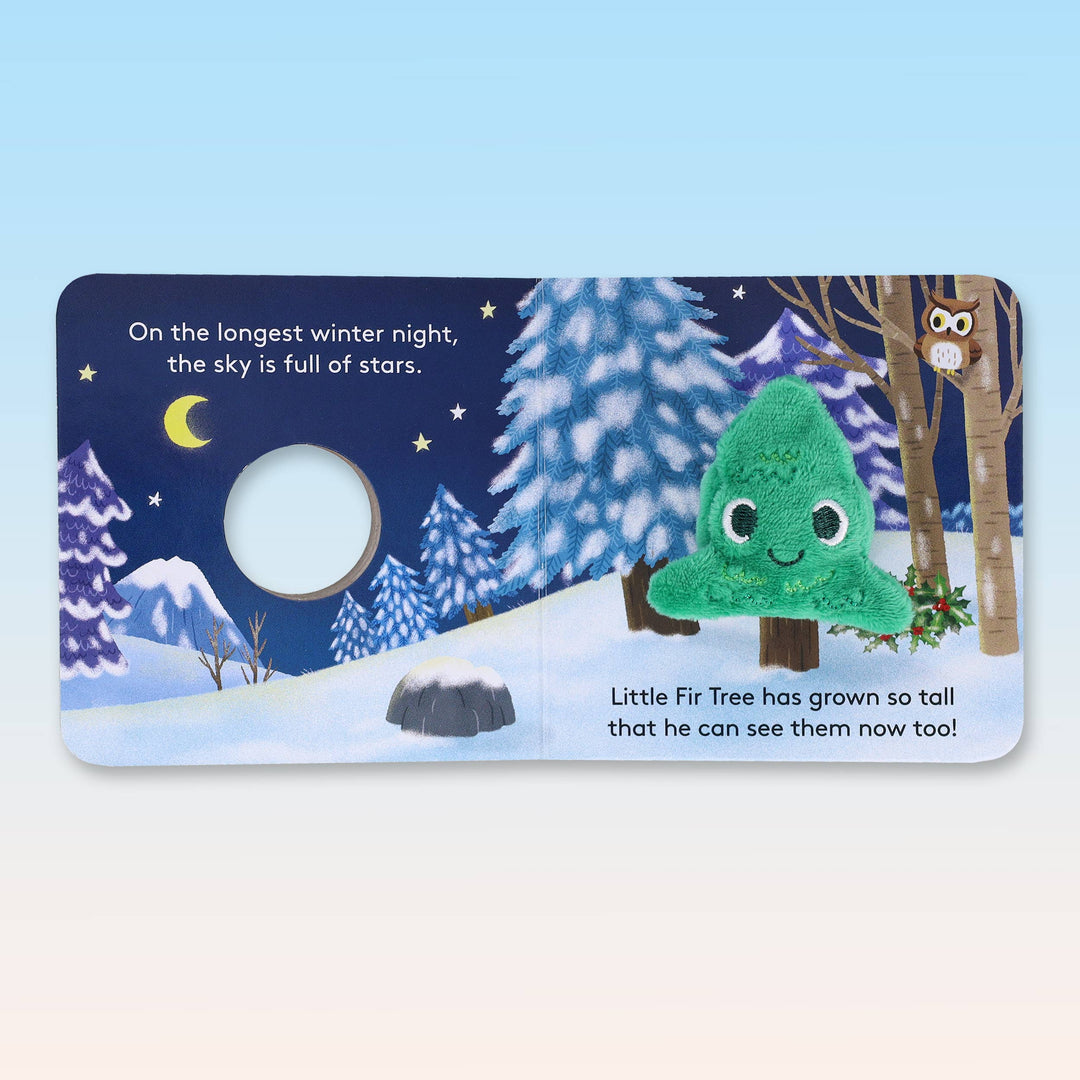 Nighttime moonlit spread from Little Fir Tree Finger Puppet Book with peek-a-boo hole