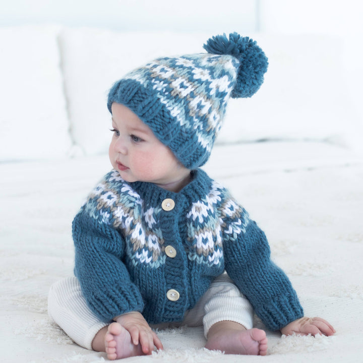 Fairisle Slate baby cardigan by Huggalugs, cozy knit sweater shown in profile