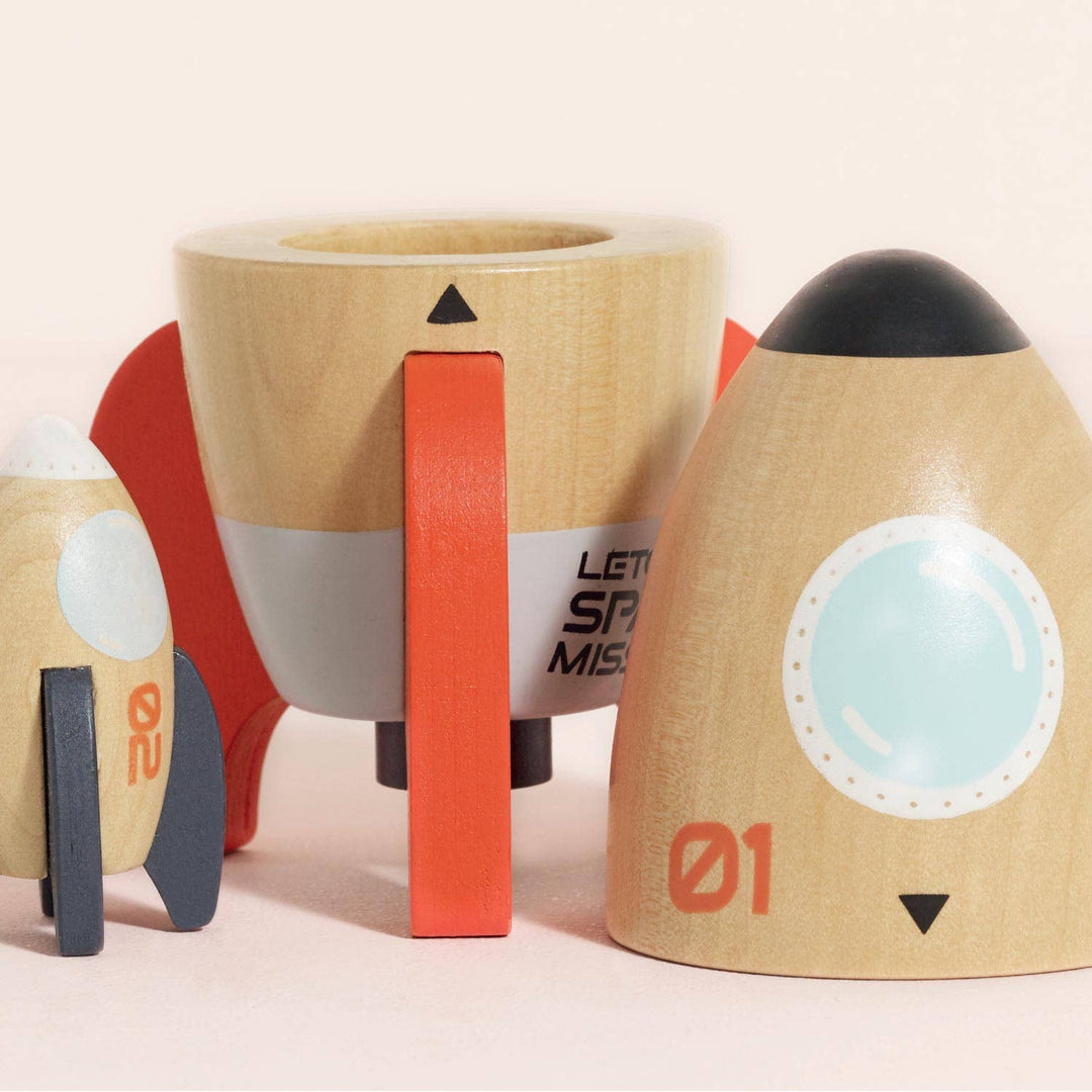 Close up of the Magnetic Space Rocket Duo from Le Toy Van with its two halves apart, outer space gift for little astronauts