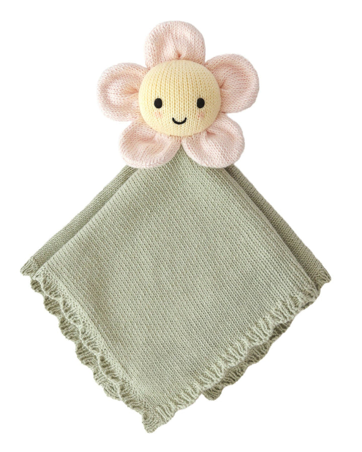 Cuddle + Kind Baby Daisy Lovey Blush — hand-knit floral lovey blanket in soft pink for baby girls