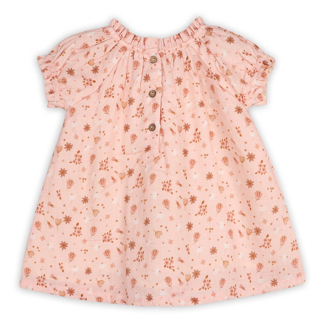 Organic baby clothes by Viverano Organics, featuring the Pink Floral Puff Sleeve Dress + Bloomer for stylish girls.