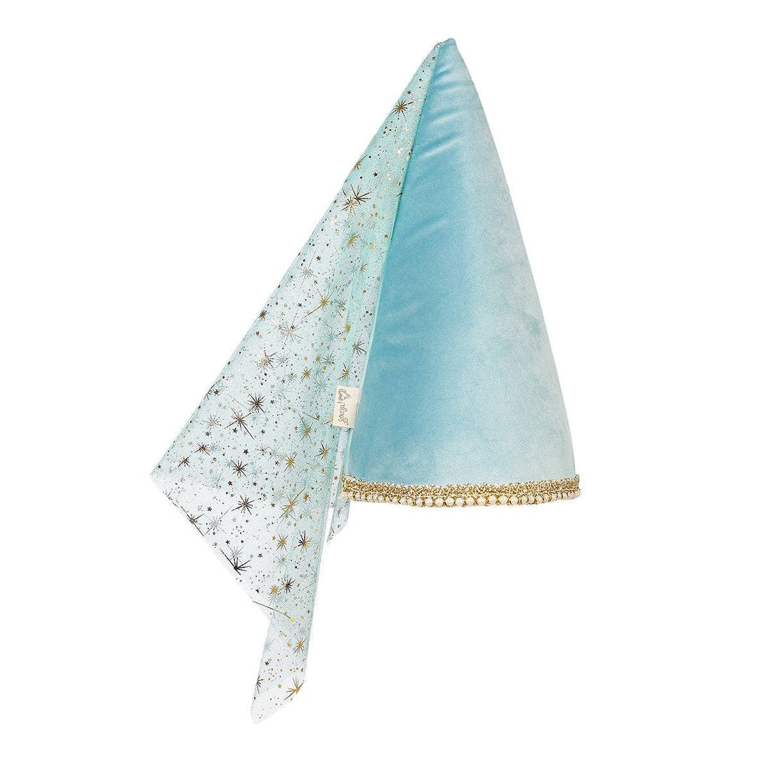 Souza light blue Victoria Medieval Hat fabric with gold trim and star pattern 