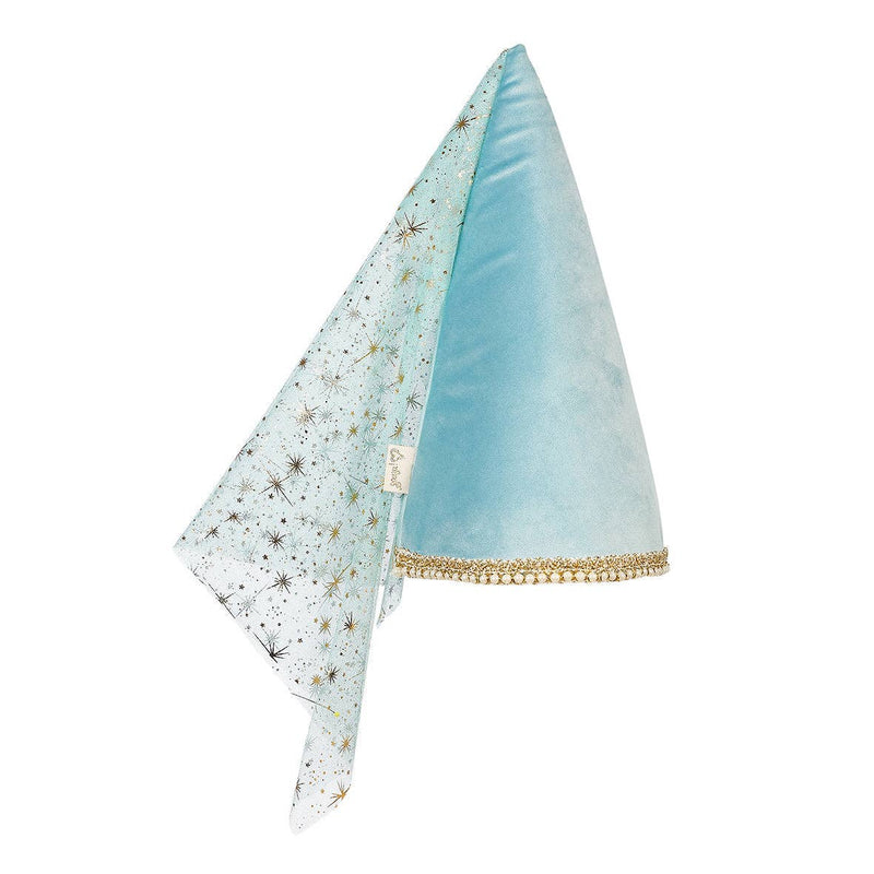 Souza light blue Victoria Medieval Hat fabric with gold trim and star pattern 