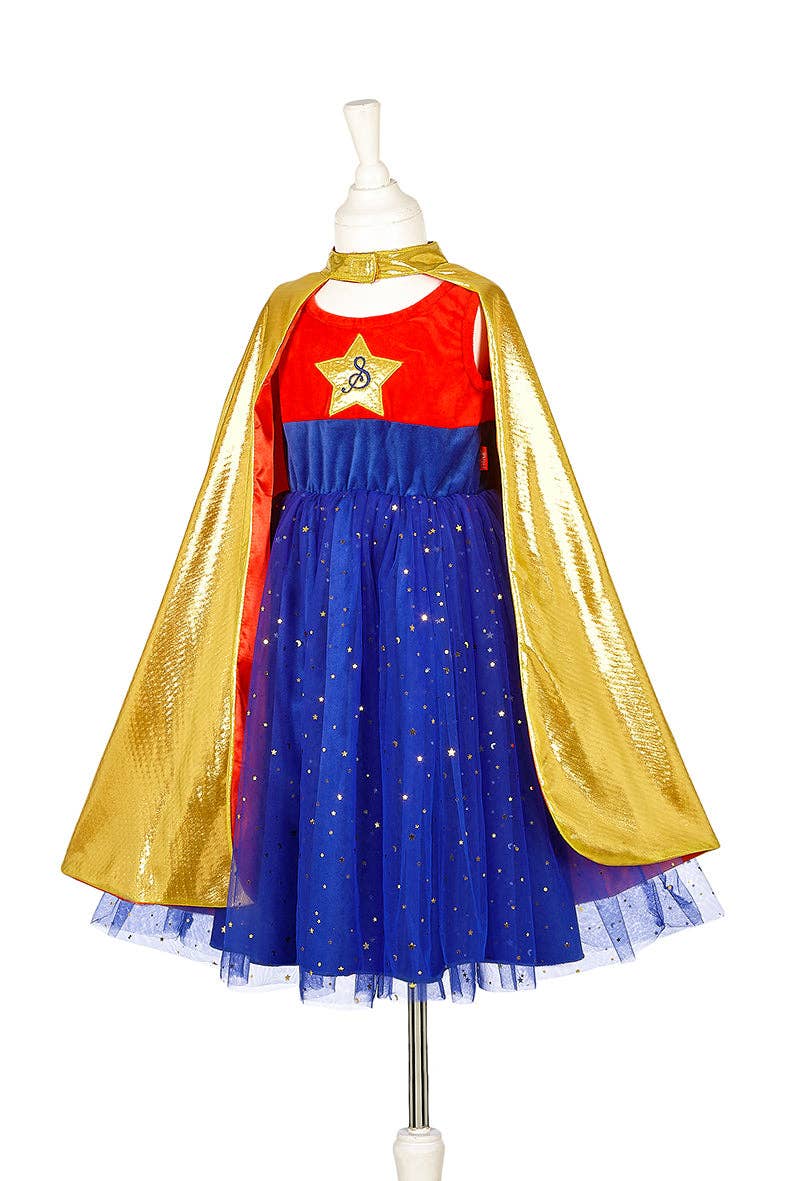 Souza girls 's superhero costume with red shirt, blue dress, and gold cape 