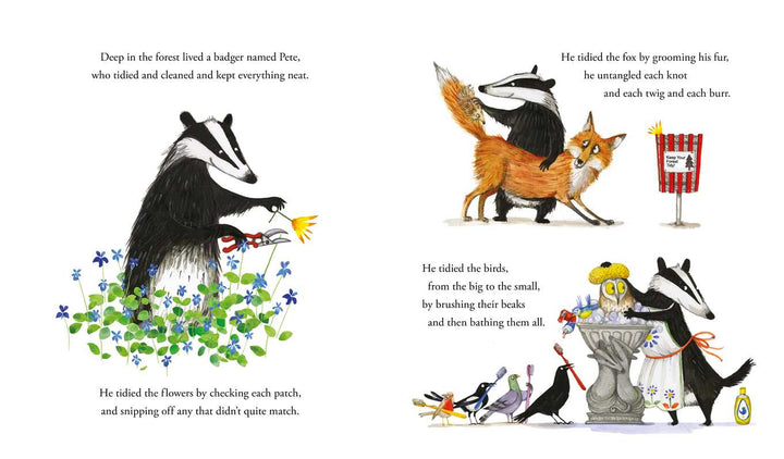 Simon & Schuster Tidy hardcover spread showing Pete the badger and a fox in the forest