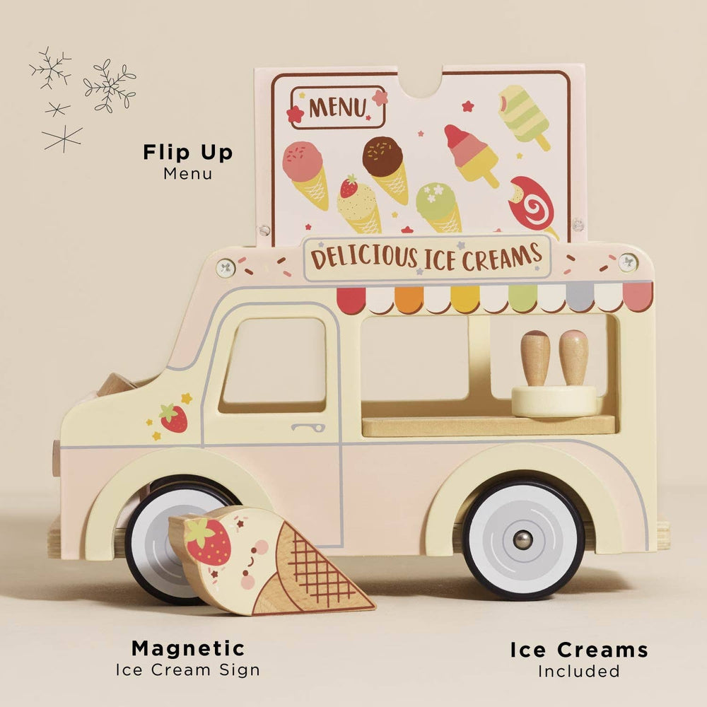 Le Toy Van wooden ice cream van with flip-up roof revealing menu of iced treats