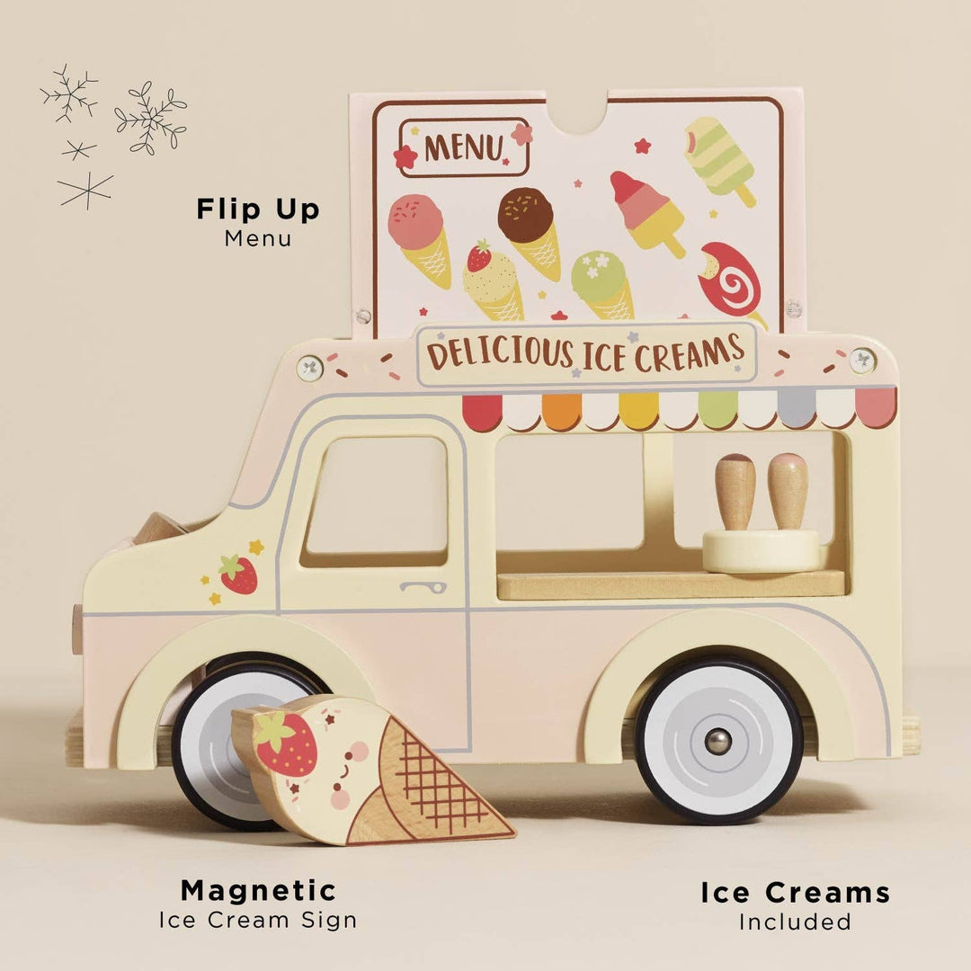 Le Toy Van wooden ice cream van with flip-up roof revealing menu of iced treats